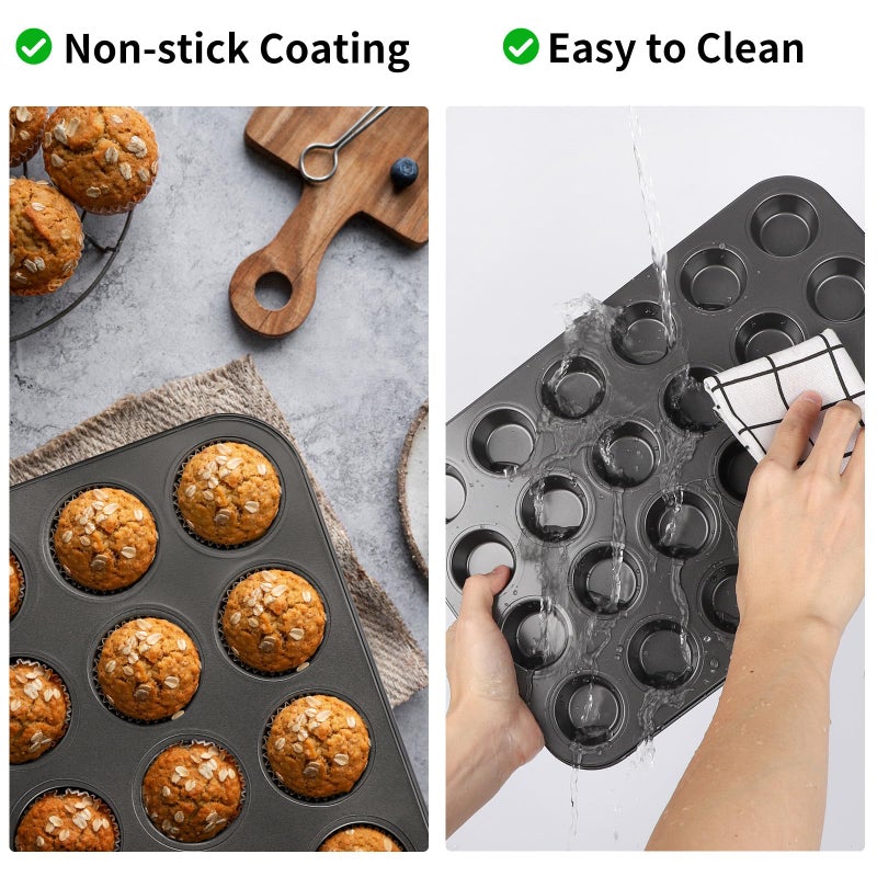 Beasea صينية مافن صغيرة غير لاصقة من Beasea 24 كوبًا، 2 عبوة 24 كوب صغير صغير غير لاصق صينية خبز مافن صينية من الفولاذ الكربوني صينية خبز كب كيك فردية - أسود - Image 3